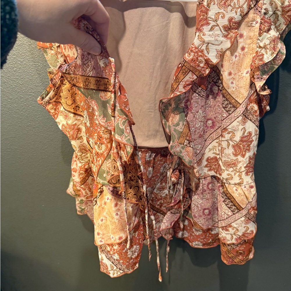 Tie-Front Ruffle Patchwork Blouse in Rust Multi - Picture 7 of 7